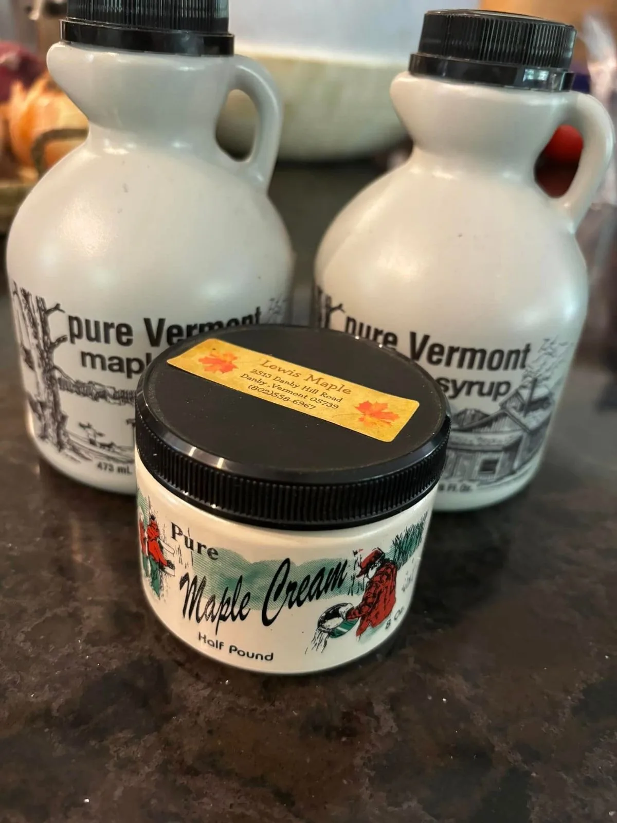 Pure Vermont maple syrup jugs and maple cream